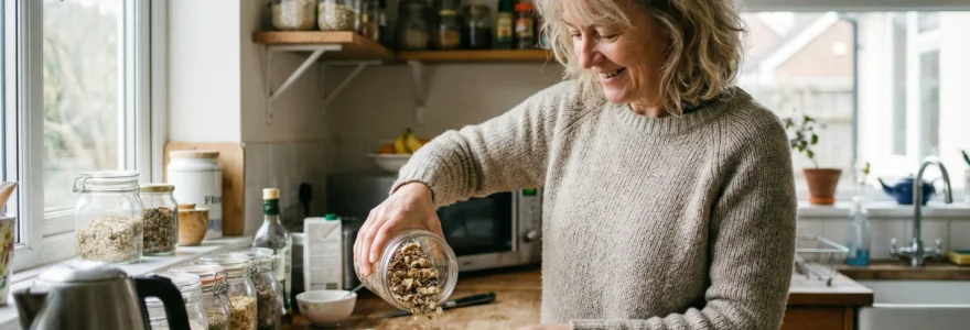 UK adult preparing high-fibre breakfast with porridge and fruits
