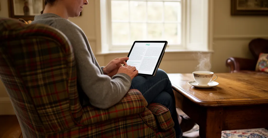 Person reading constipation FAQ on tablet with tea