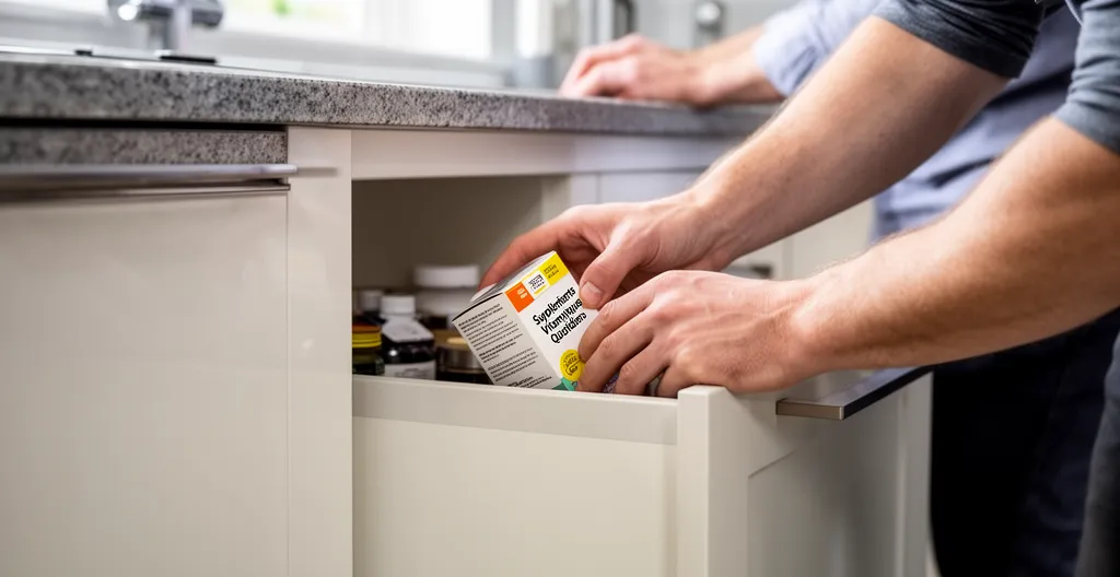 Two people organizing dietary supplements in kitchen drawer