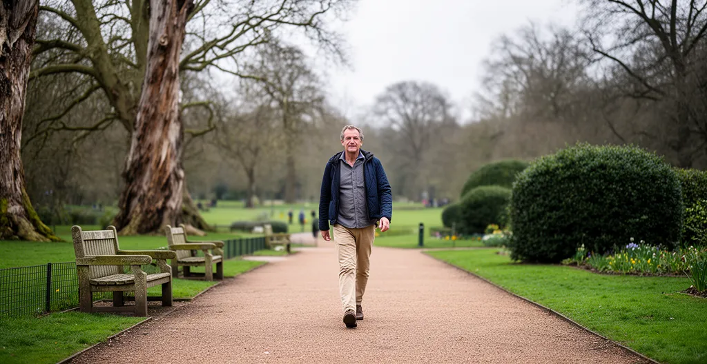 Person walking for digestive health in UK city park